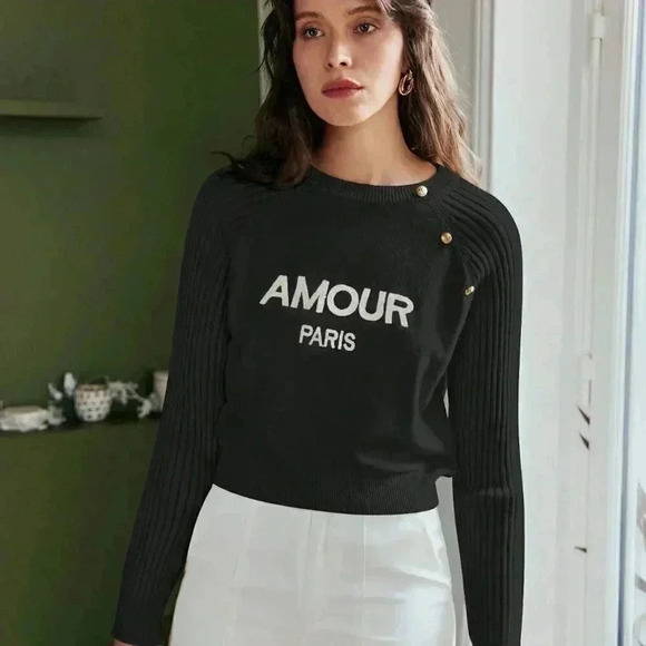 Black Preppy Womens Letter Graphic Button Detail Raglan Sleeve Sweater - Picture 1 of 7